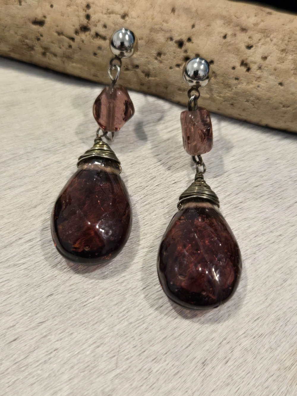 Handcrafted Deep Plum Faceted Glass Teardrop Dangle Earrings